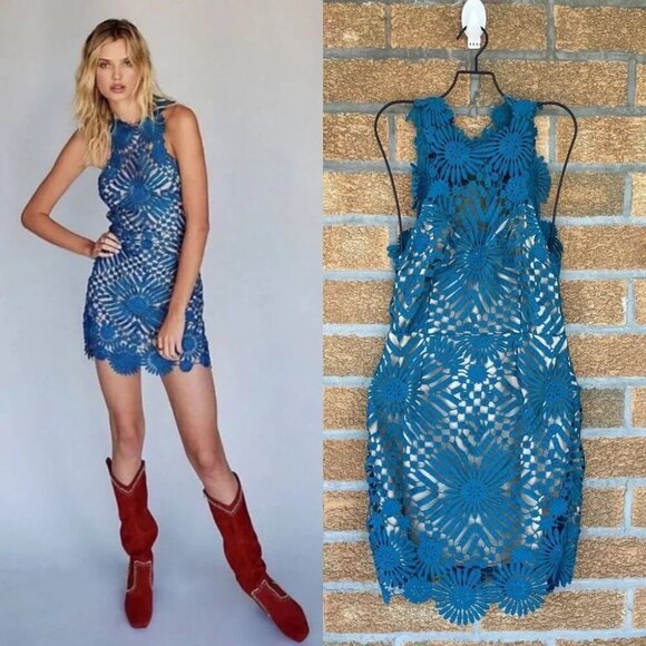 Free People X Saylor Teal Presley Lace Mini Dress medium - Picture 1 of 11